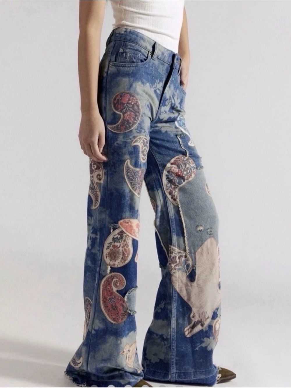 Free People We The Free Flying High Patched Bird Paisley Wide Jeans Size 26-New